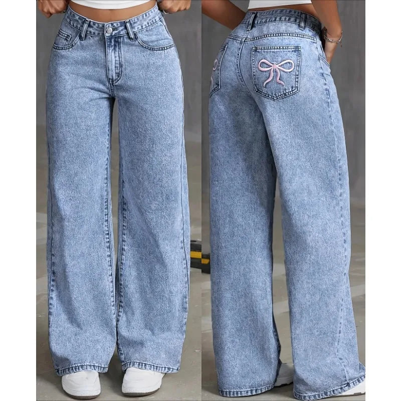 Denim Bow Embroidered Pocket Trouser Jeans