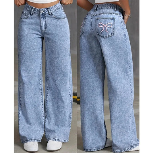 Denim Bow Embroidered Pocket Trouser Jeans