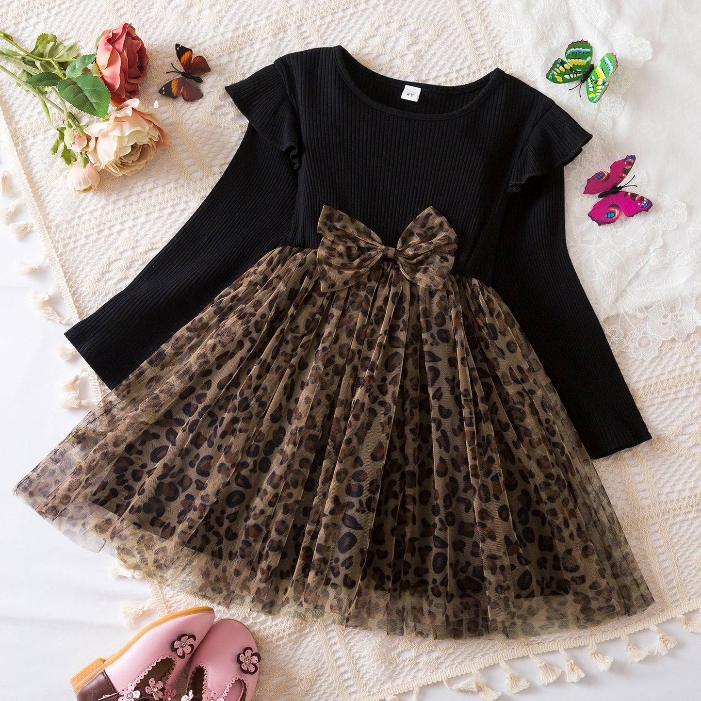 Black Rose Flower Ruffles Elegant Princess Dress