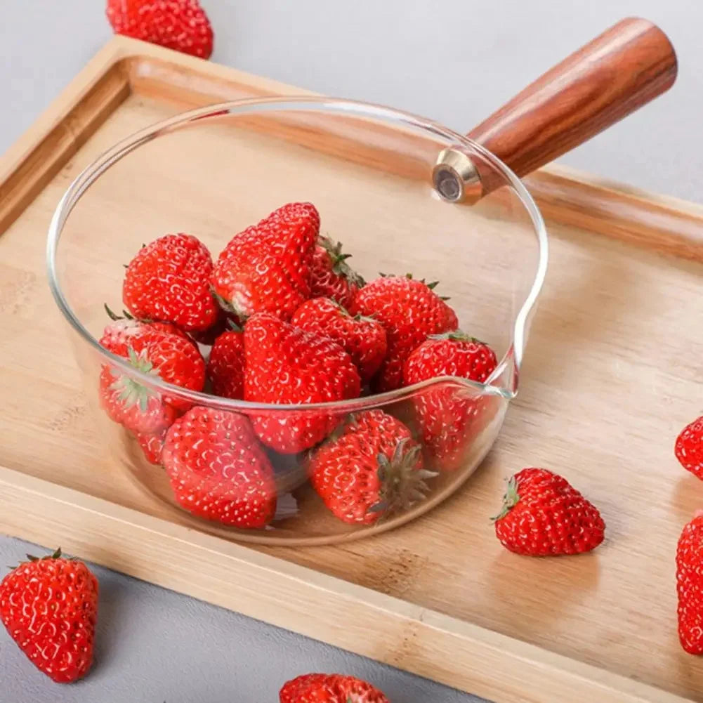 400/600ML Glass Cooking Pot Soup Milk Pot With Wooden Handle Glass Cooking Pot Instant Noodle Pot Glass Cookware Kitchen