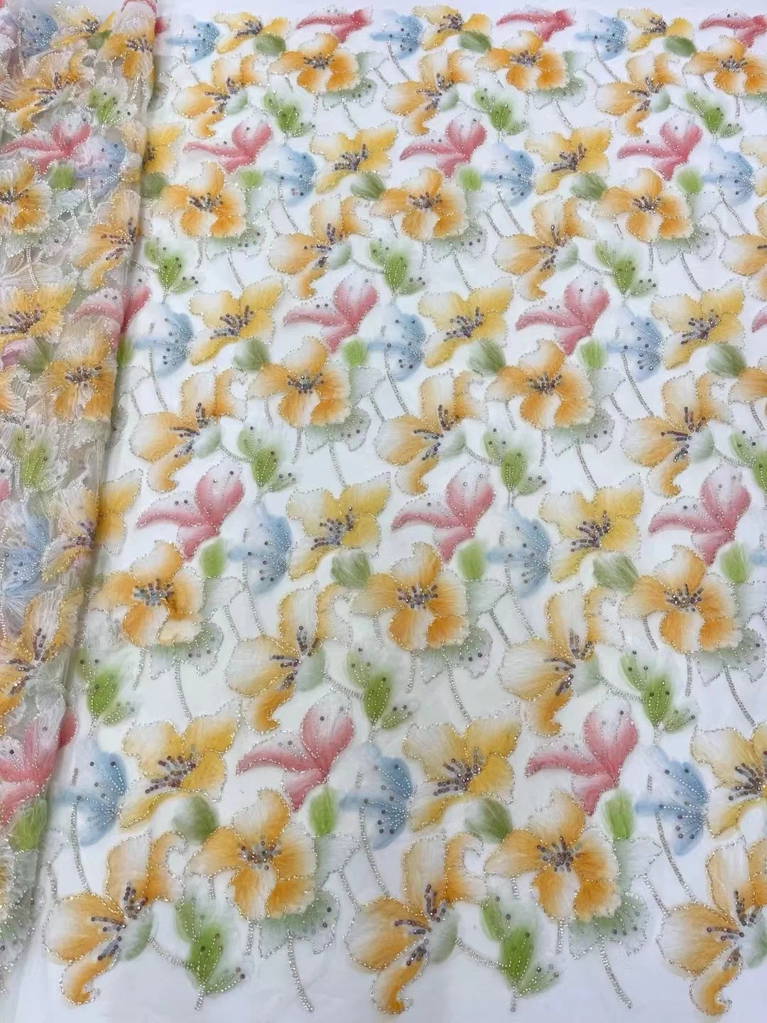 Latest 3D Flower Embroidery Beads Sequins African Lace Fabric 5 yards High Quality Nigerian Women Wedding French Material 2025