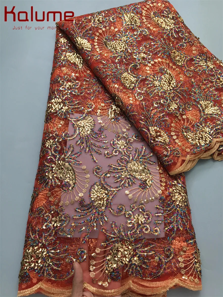 Kalume 2025 African Lace Fabric Sequins Nigerian Mesh Lace Fabric Sequins 5 Yards High Quality For Party Wedding Dress F3811