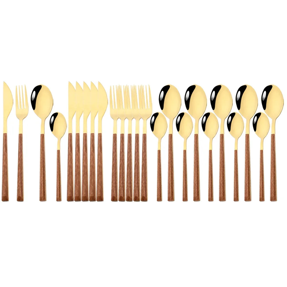 24/30Pcs Imitation Wooden Handle Dinnerware Cutlery Set Stainless Steel Tableware Western Knife Fork Spoons Silverware Flatware