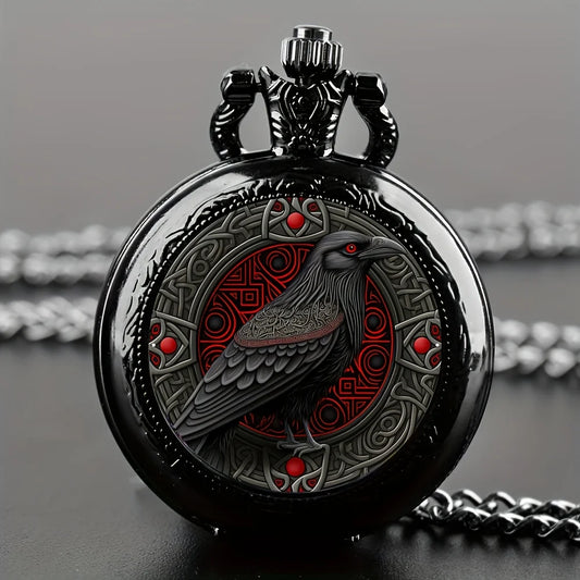 Gothic Design Raven Pocket Watch With Necklace Alloy