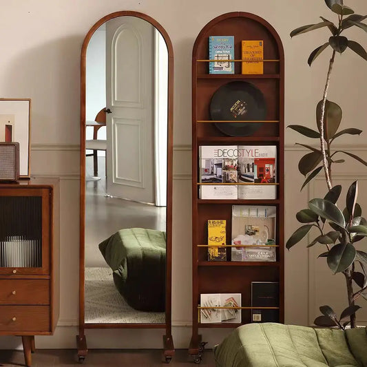 French Vintage Full Length Mirror with Swivel Base Magazine Storage Shelf and Solid Wood Frame Living Room Decor