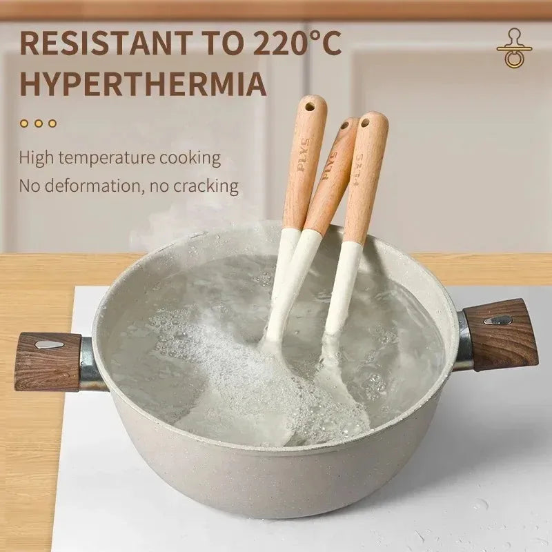 Silicone kitchenware set, durable hardwood handle, heat resistant tools, non-stick pan long handle porridge spoon Sieve Spatula