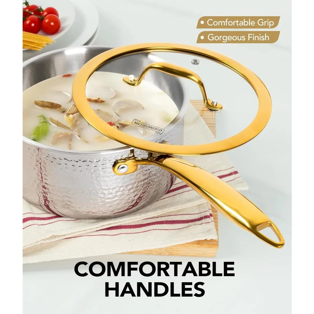 MICHELANGELO Hammered Stainless Steel Pot Set with Gold Handle Cookware Set, Premium Induction Kitchen Cookware, Oven Safe