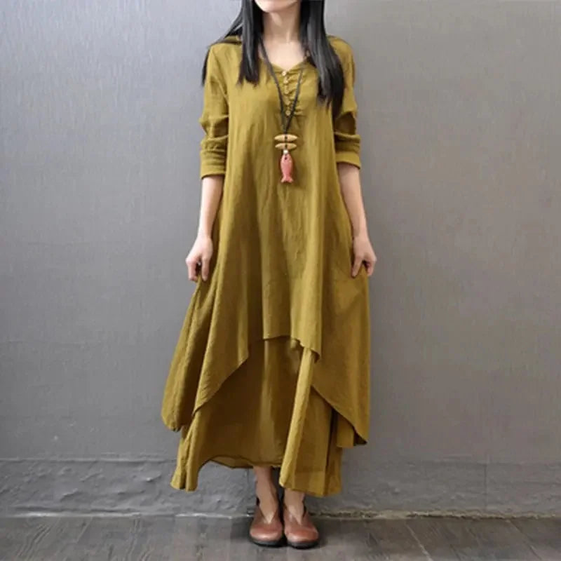 Loose Long Sleeve Cotton Artistic Style Two-Piece Gown