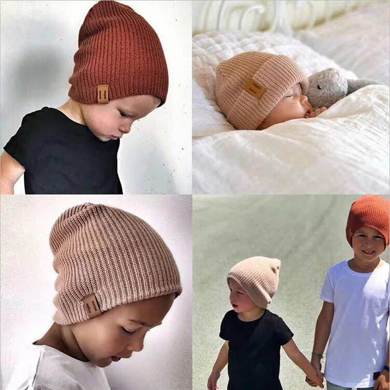 Baby Knit Hat Warm Beanie with Leather Label