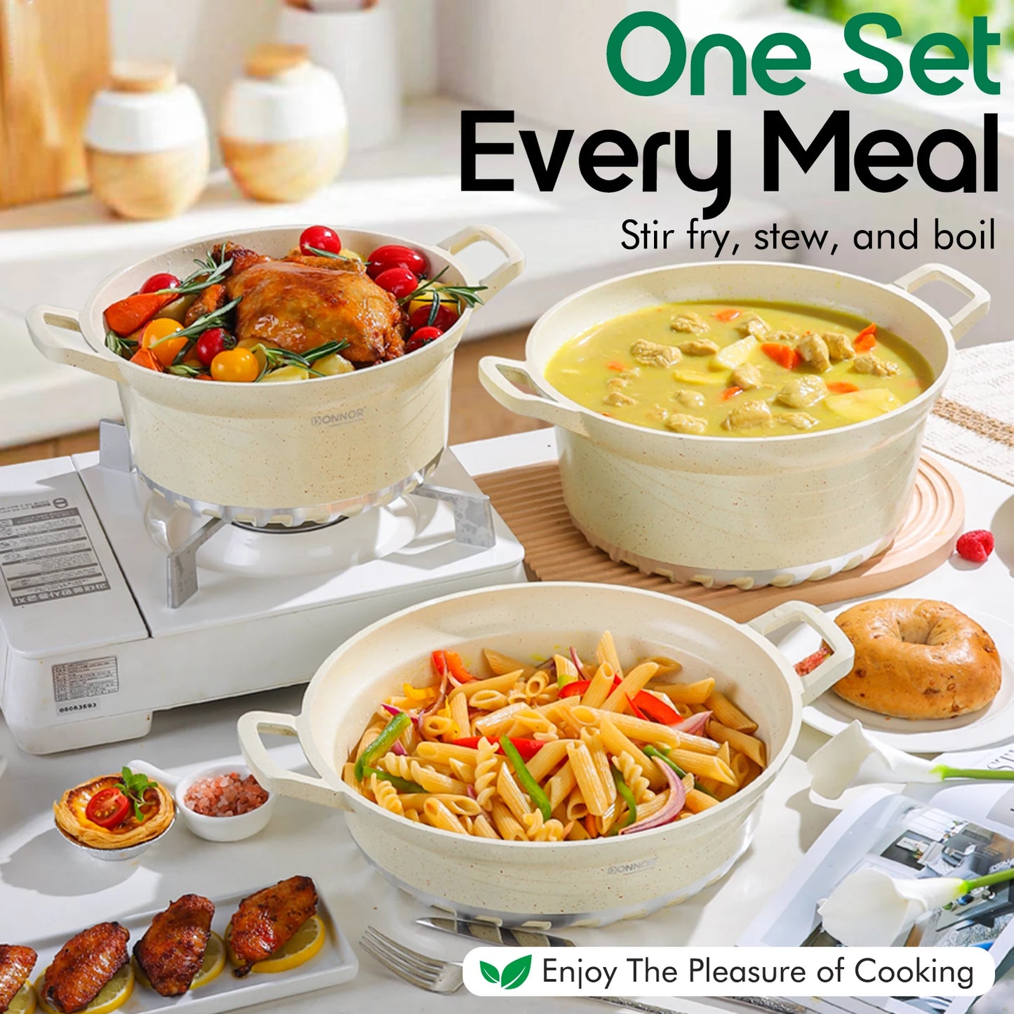 DONNOR Induction Cookware Pot Set 10 Piece, Dishwasher Safe Non-stick Cooking Pots, Ceramic Coated with Lid, Easy To Clean