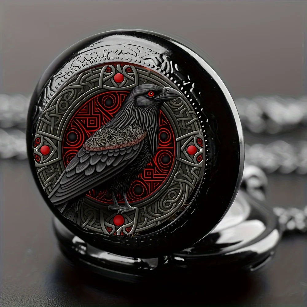 Gothic Design Raven Pocket Watch With Necklace Alloy