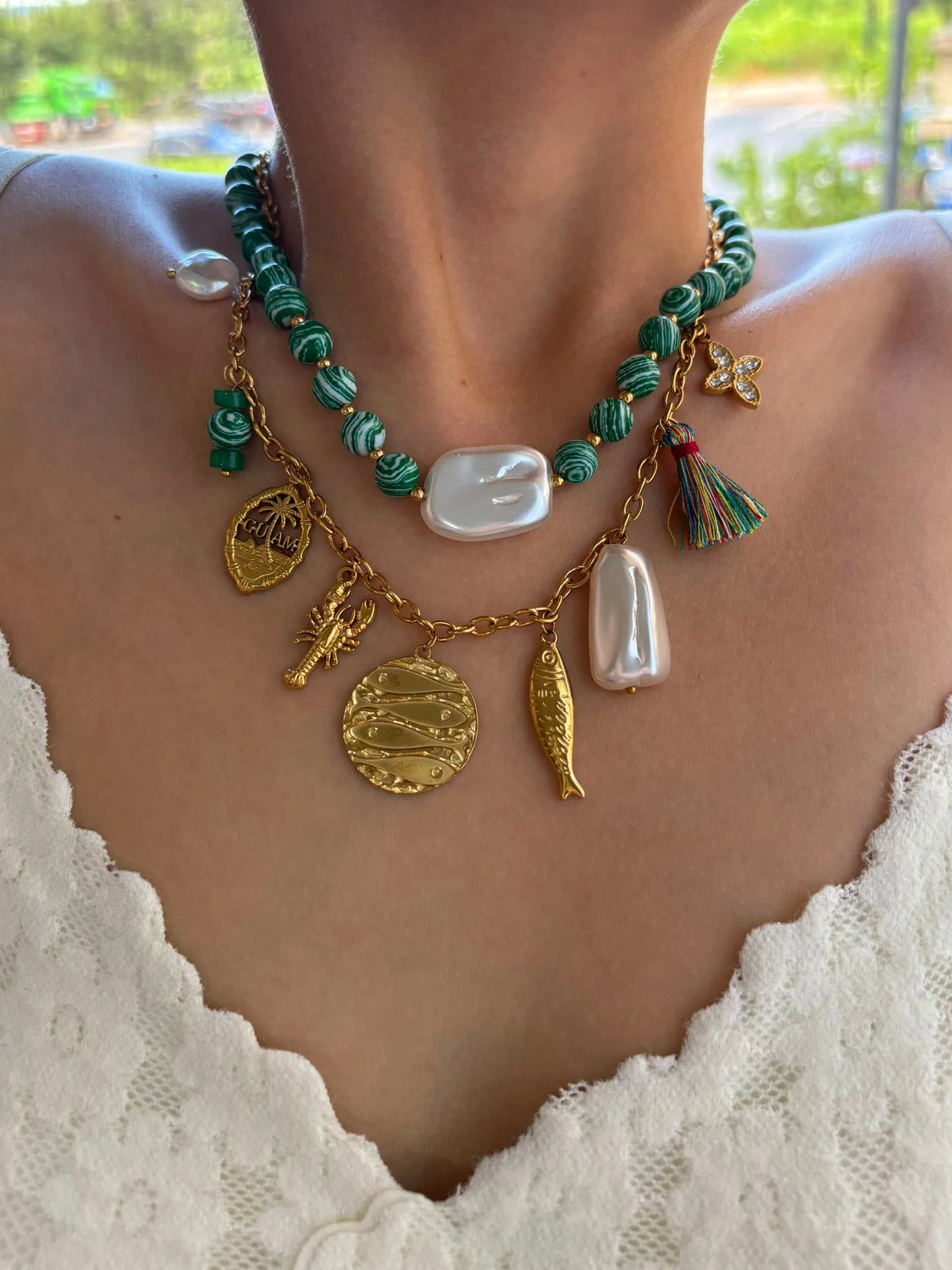 Natural Stone Imitation Pearl Beaded Chain