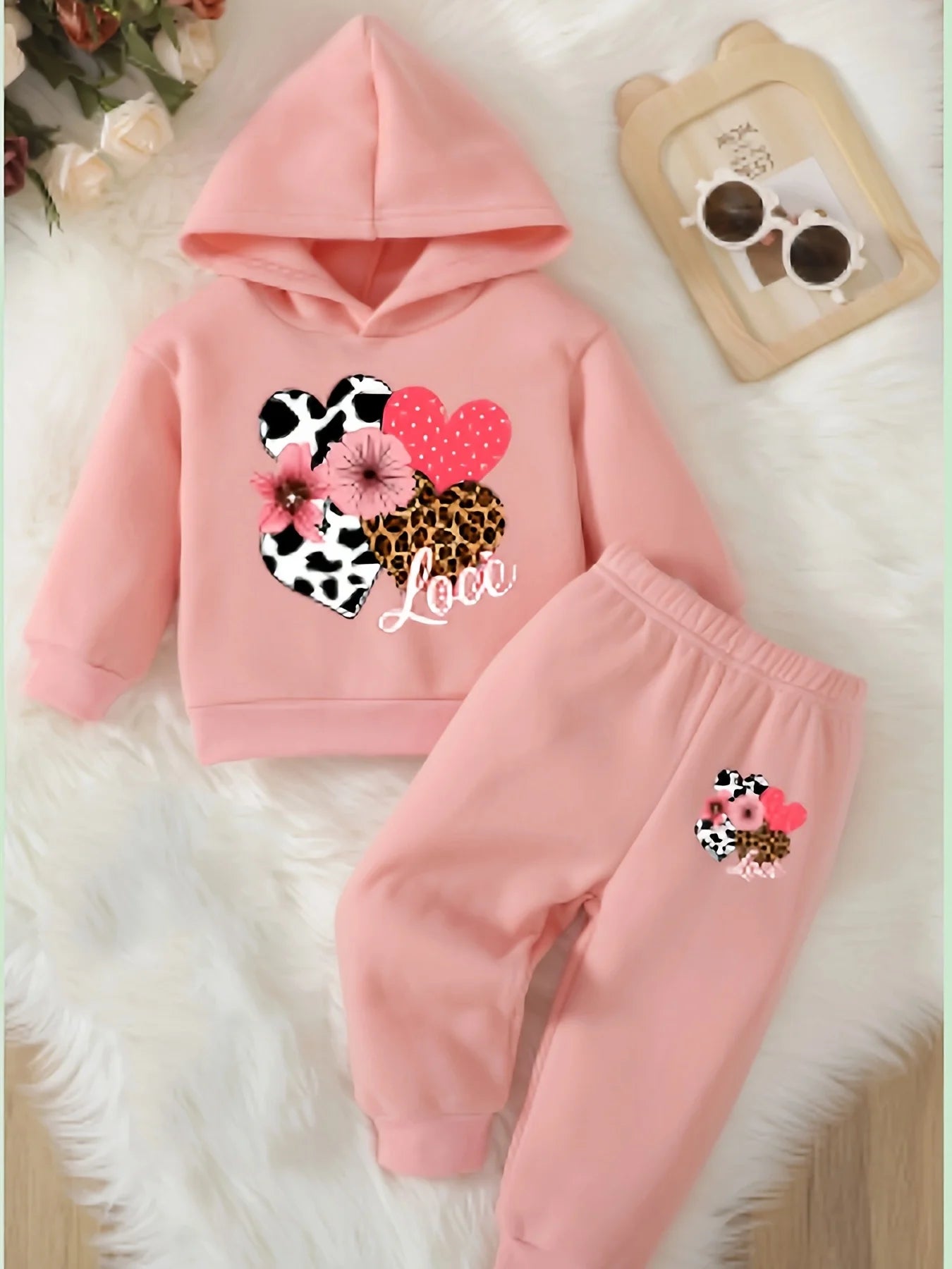 Love Flower Pattern Hoodie+Casual Pants