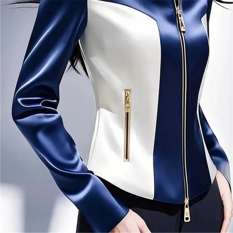 Contrast Satin Women Zipper Top Jacket