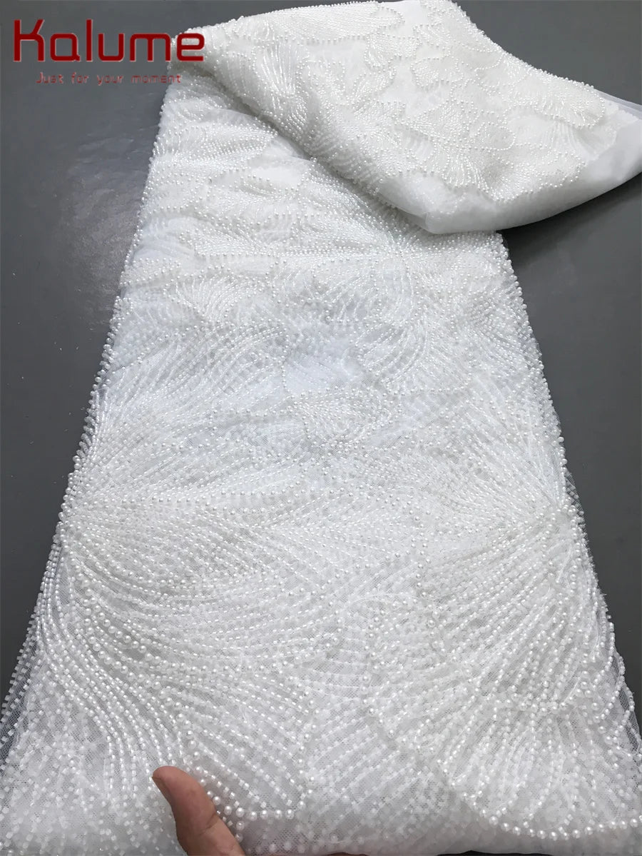 Kalume Green French Mesh Lace Fabric Beads African Lace Fabrics Nigerian Mesh Lace Fabric For Diy Dresses Party Wedding F4034