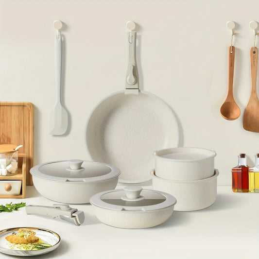 12pcs  White Granite, Nonstick Pots and Pans Set, Induction Cookware Non Stick Cooking Set, Frying Pans & Saucepans with