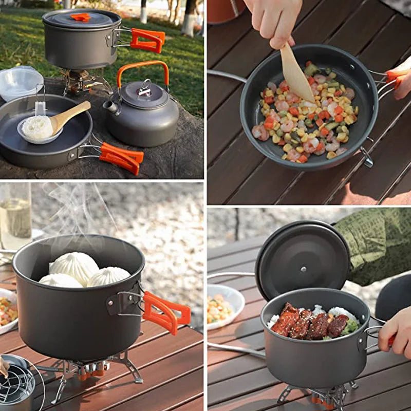 Camping Cookware Kit Outdoor Cooking Set Aluminum Equipment Outdoor Pot Travel Tableware Kitchen Hiking Picnic BBQ