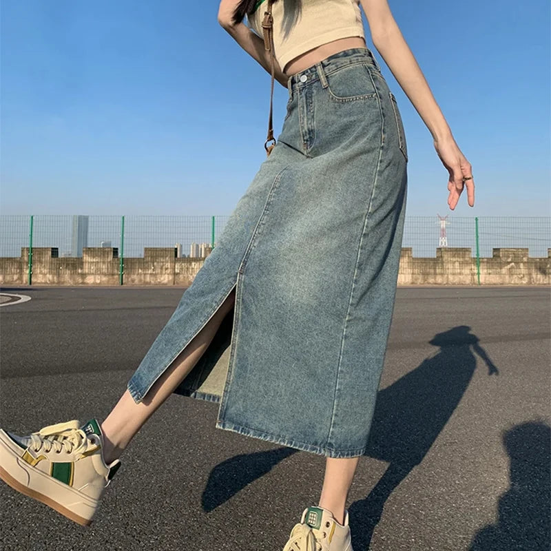 New Slit Denim Hip-covering Straight Long Skirt
