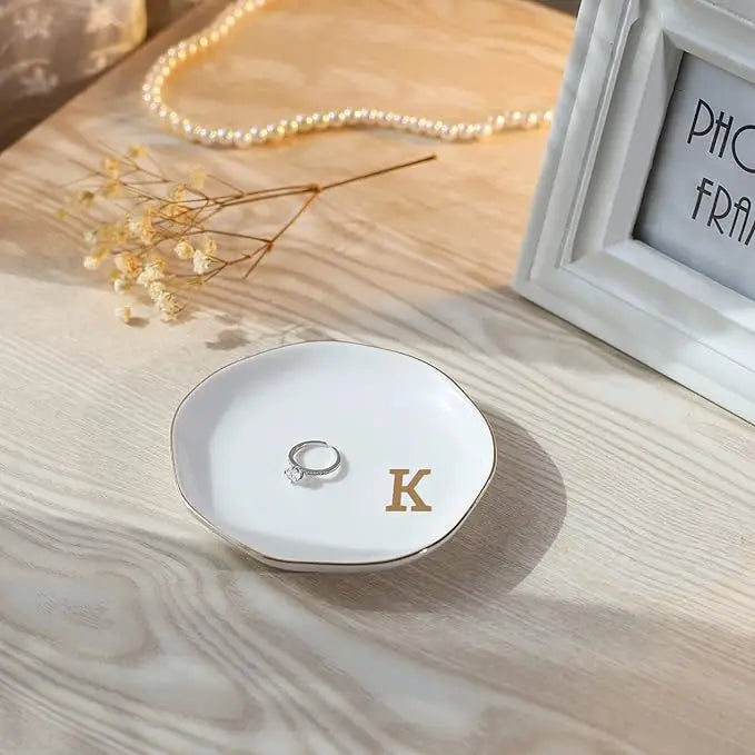 Initials Ring Dish Jewery Tray with Personalized A-Z Monogrammed Gifts Wedding Engagement for Women Friends sister,Ceramic White