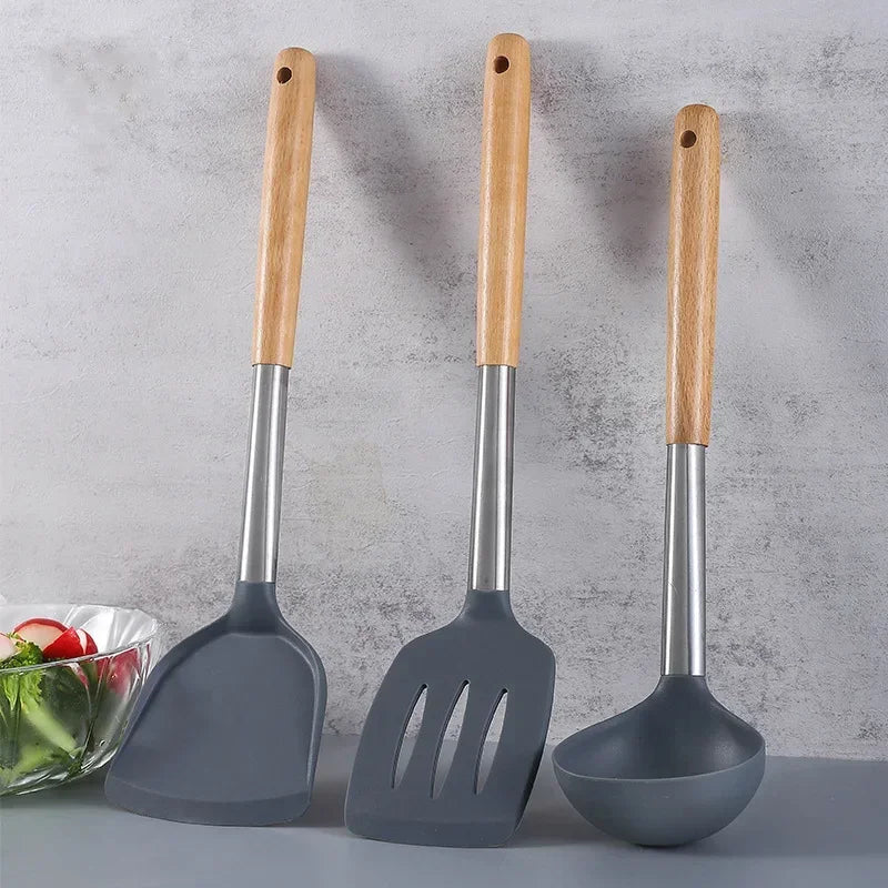 Silicone kitchen utensils, silicone spatula, wooden handle, silicone spatula, silicone soup spoon, leak spatula, non-stick pan