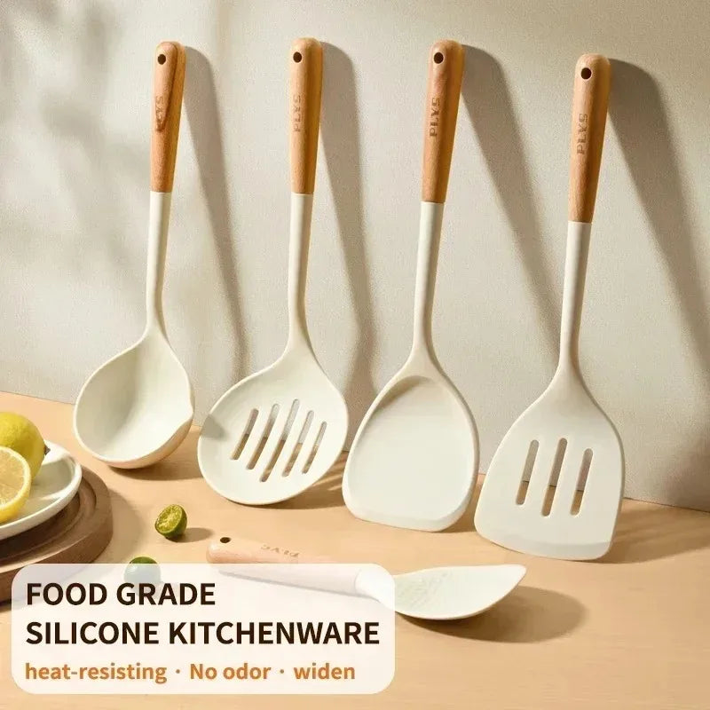 Silicone kitchenware set, durable hardwood handle, heat resistant tools, non-stick pan long handle porridge spoon Sieve Spatula
