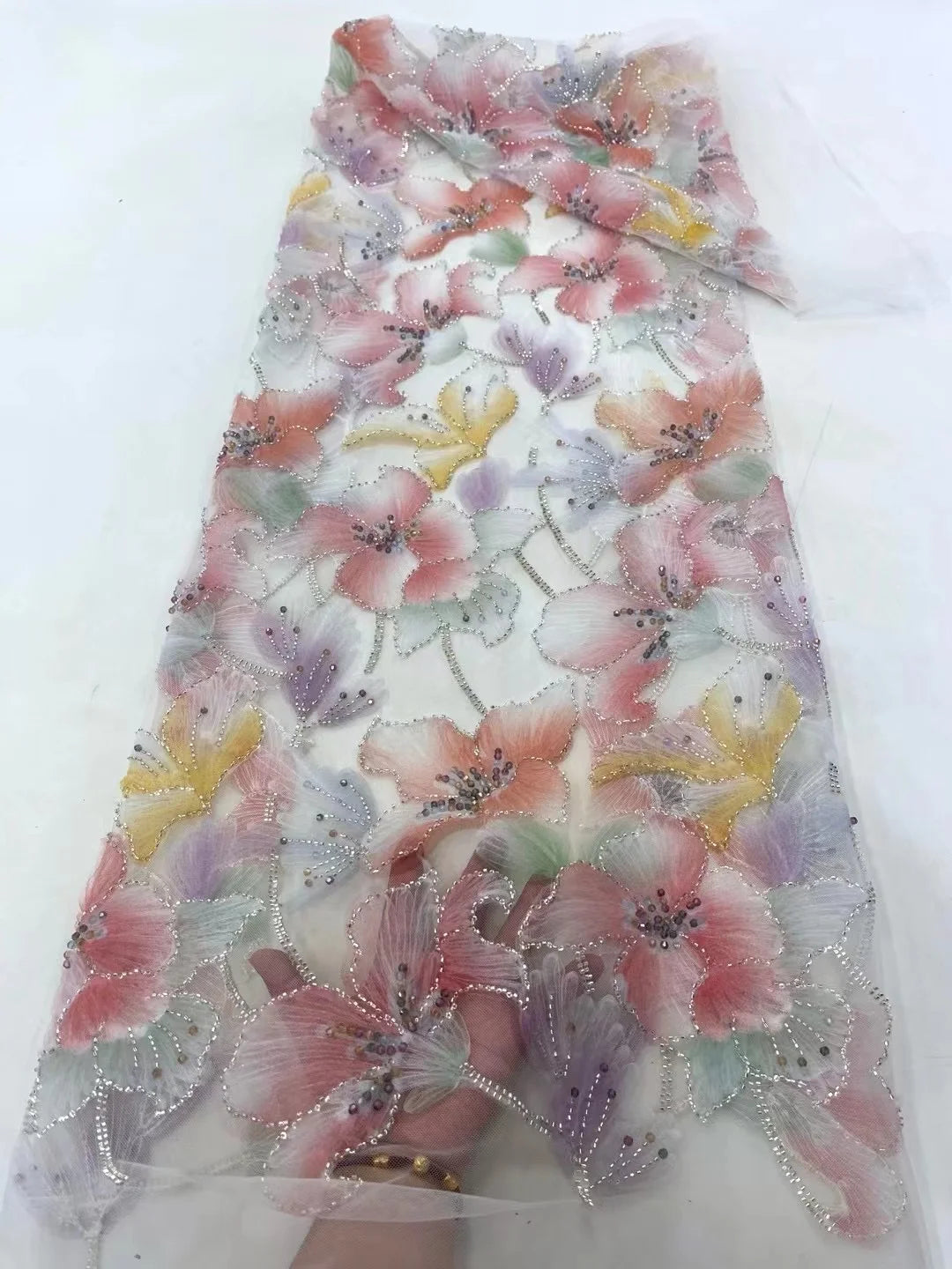 Latest 3D Flower Embroidery Beads Sequins African Lace Fabric 5 yards High Quality Nigerian Women Wedding French Material 2025