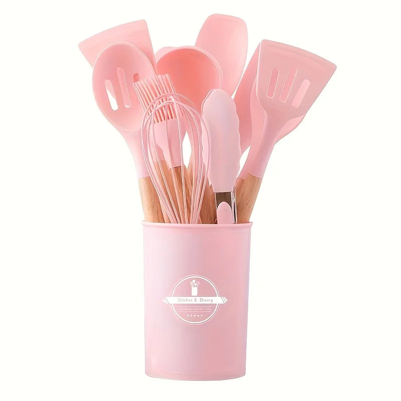12Pcs Silicone Cooking Utensils Set For Handle Non Stick Pot Kitchenware Set Storage Bucket Resistant Accessoires kitchenware