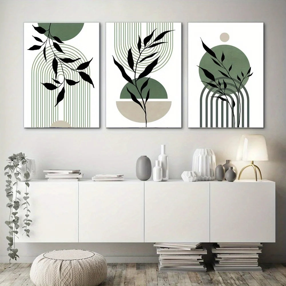 3pcs Sage Green Boho Wall Art Green Black Beige Abstract Mid-Century Poster Modern Botanical Living Room Bedroom Wall Decoration