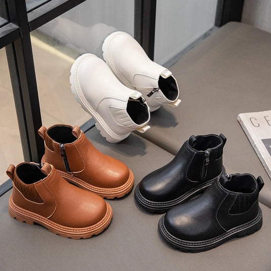 Leather Side Zipper Retro Children's Fashion Boots