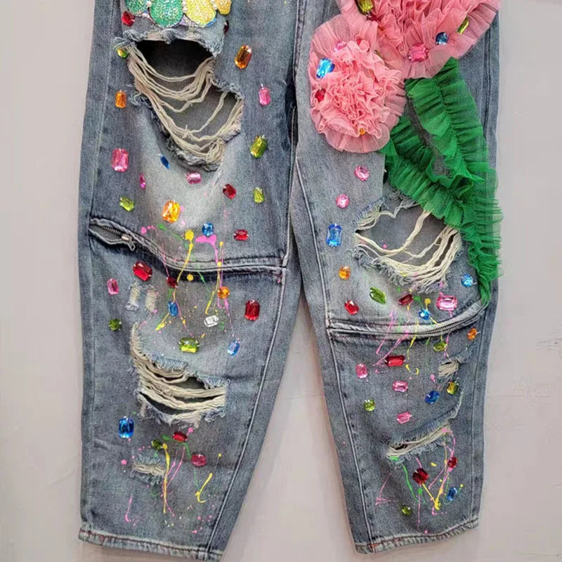 Female Nail Bead Women 3D Flower Denim Pants