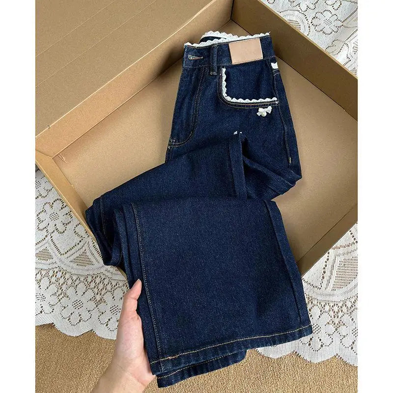 Lace Patchwork Jeans With Bow Design Pants For Women