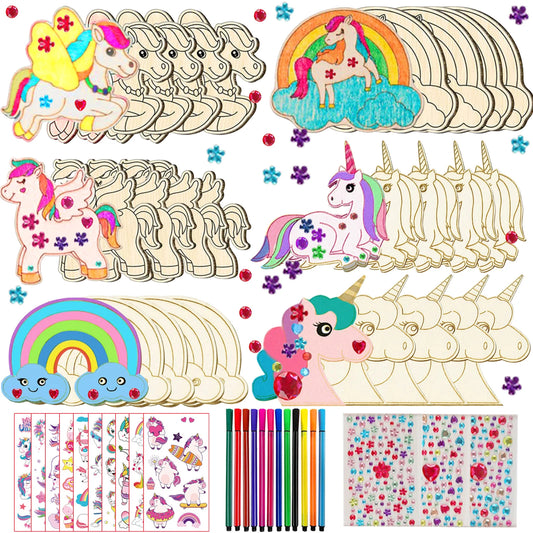 386Pcs Unicorn Wood Craft Set with 18Pcs Unicorn Wood, 354 Rhinestones, 12 Colored Pencils, 2 Stickers, Boys/Girls DIY Crafts