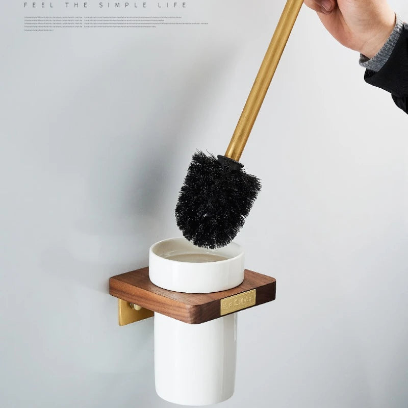 Walnut Wood Brushed Gold Bathroom Hardware Set