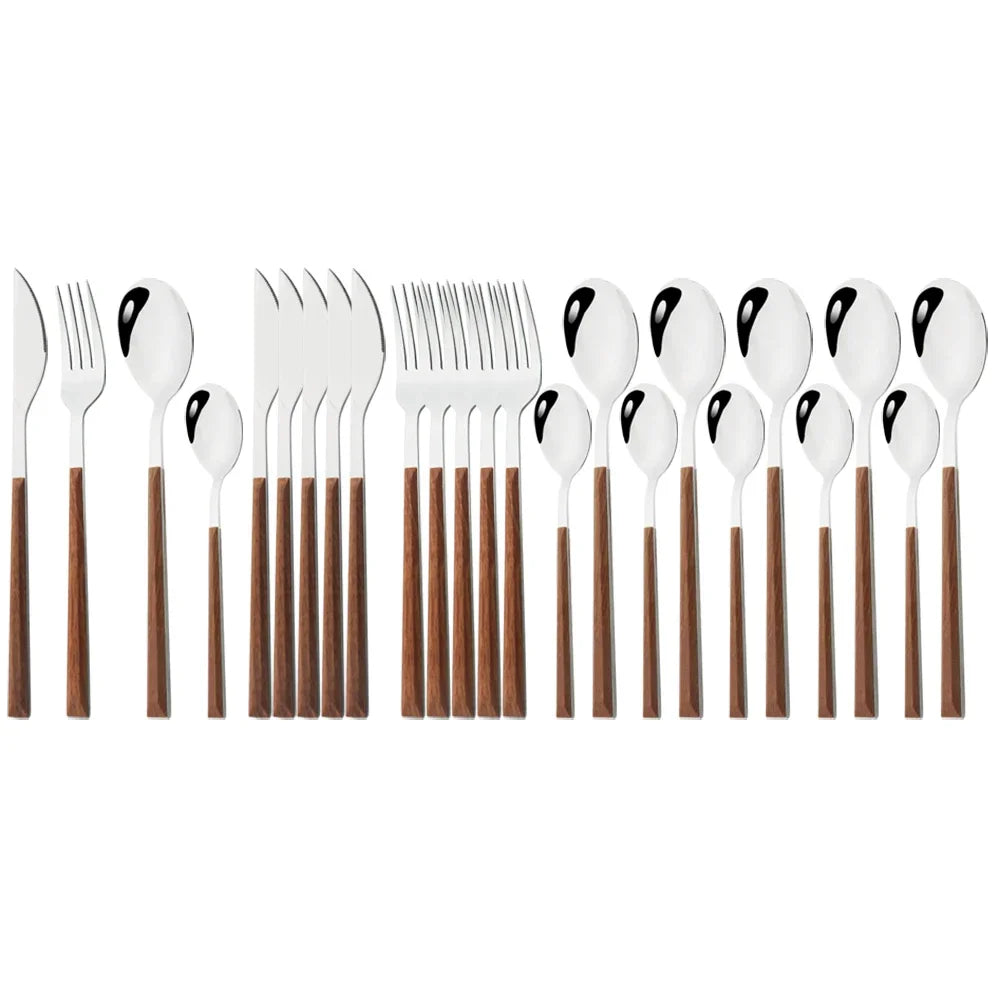 24/30Pcs Imitation Wooden Handle Dinnerware Cutlery Set Stainless Steel Tableware Western Knife Fork Spoons Silverware Flatware