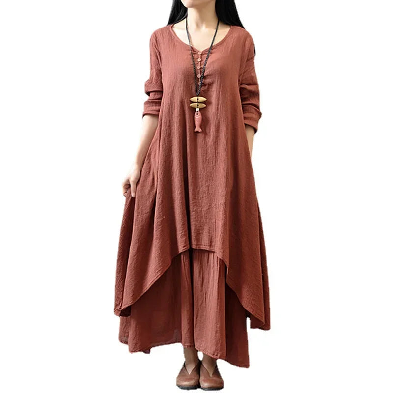 Loose Long Sleeve Cotton Artistic Style Two-Piece Gown