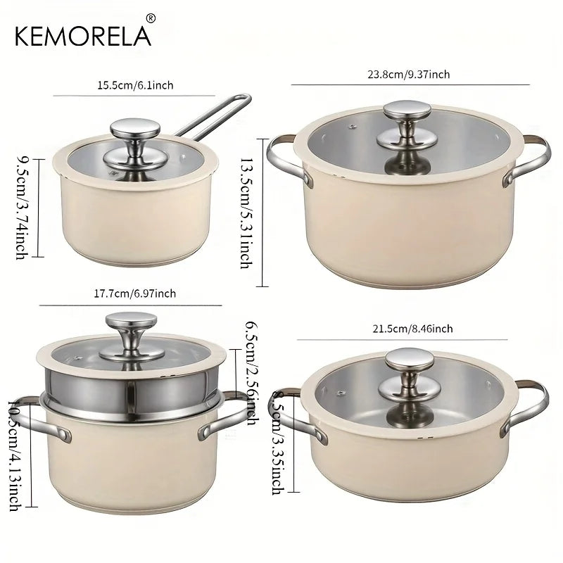 4PCS Stainless Steel Cookware Set with Glass Lid 15.5/17.7/21.5/23.8cm for Dining Room Cooking Soup Hot Pot Gas Stoves