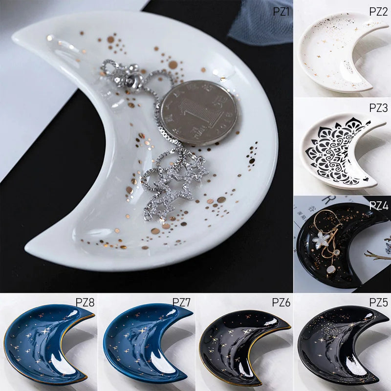 Nordic Ceramic Moon Shape Small Jewelry Dish Earrings Necklace Ring Storage Plates Fruit Dessert Display Bowl Decoration Trays