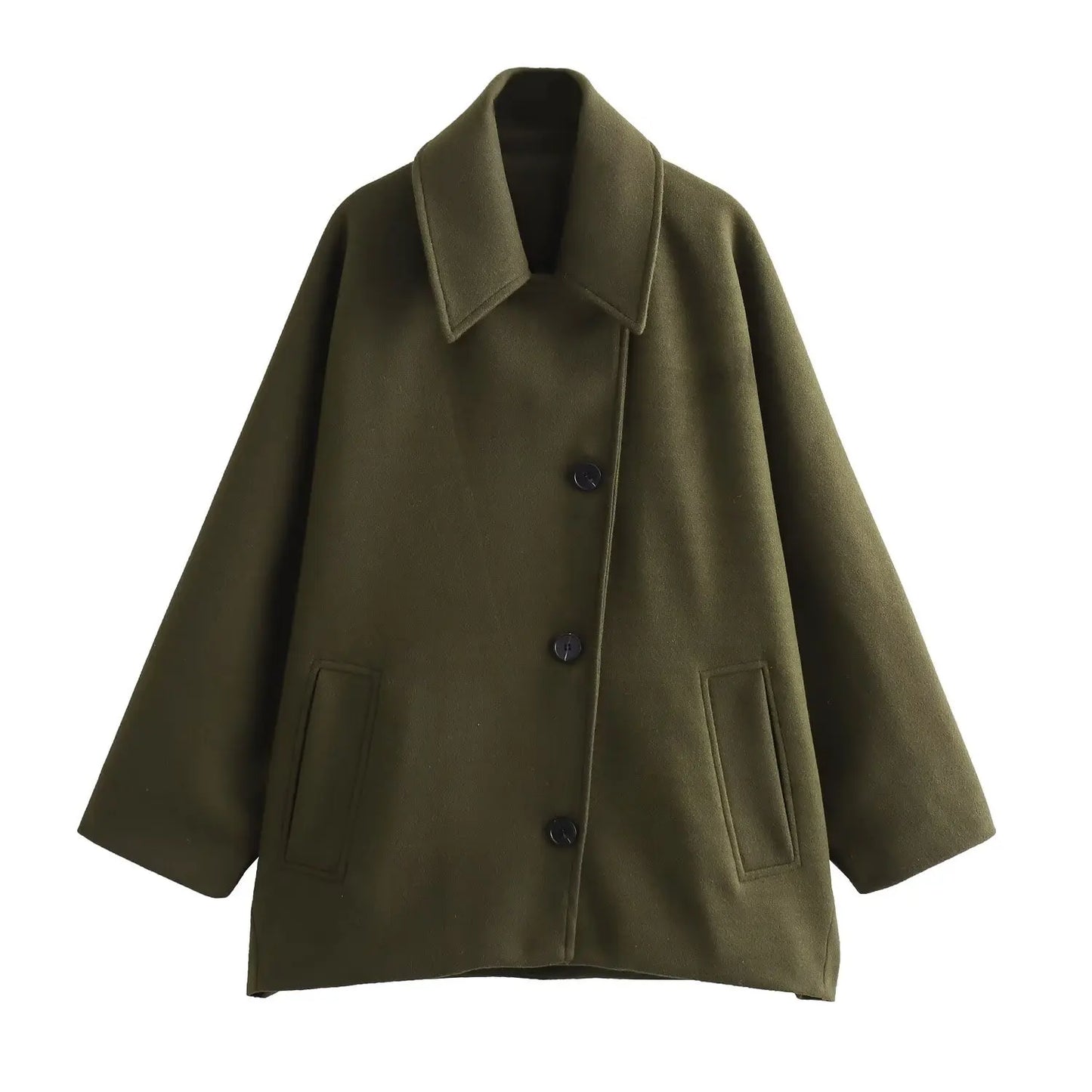 Women's Oblique Button Lapel Double Pocket Warm Jacket