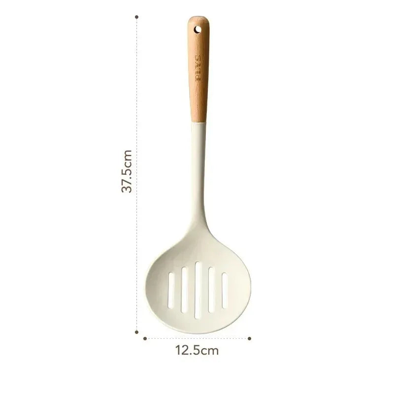 Silicone kitchenware set, durable hardwood handle, heat resistant tools, non-stick pan long handle porridge spoon Sieve Spatula