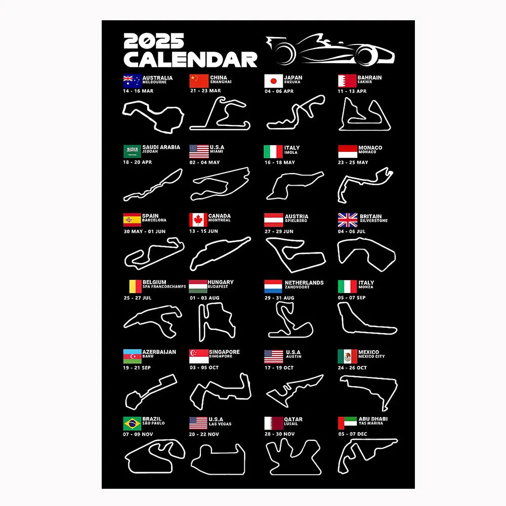 2025 F1 World Racing Track Posters Print Canvas Wall Art Sports Car Grand Prix Schedule Painting for Car Lovers Bedroom Decor