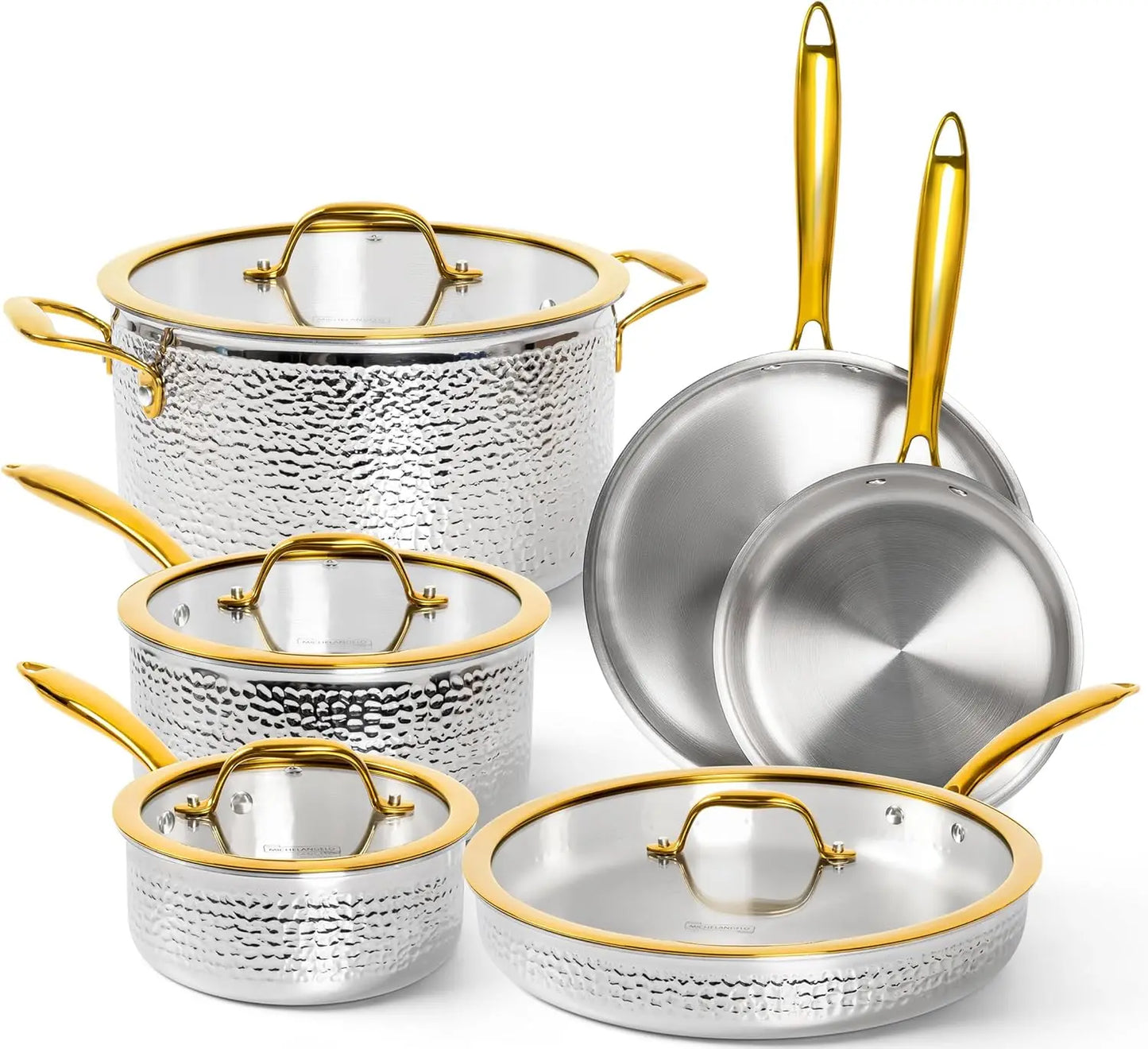 MICHELANGELO Hammered Stainless Steel Pot Set with Gold Handle Cookware Set, Premium Induction Kitchen Cookware, Oven Safe