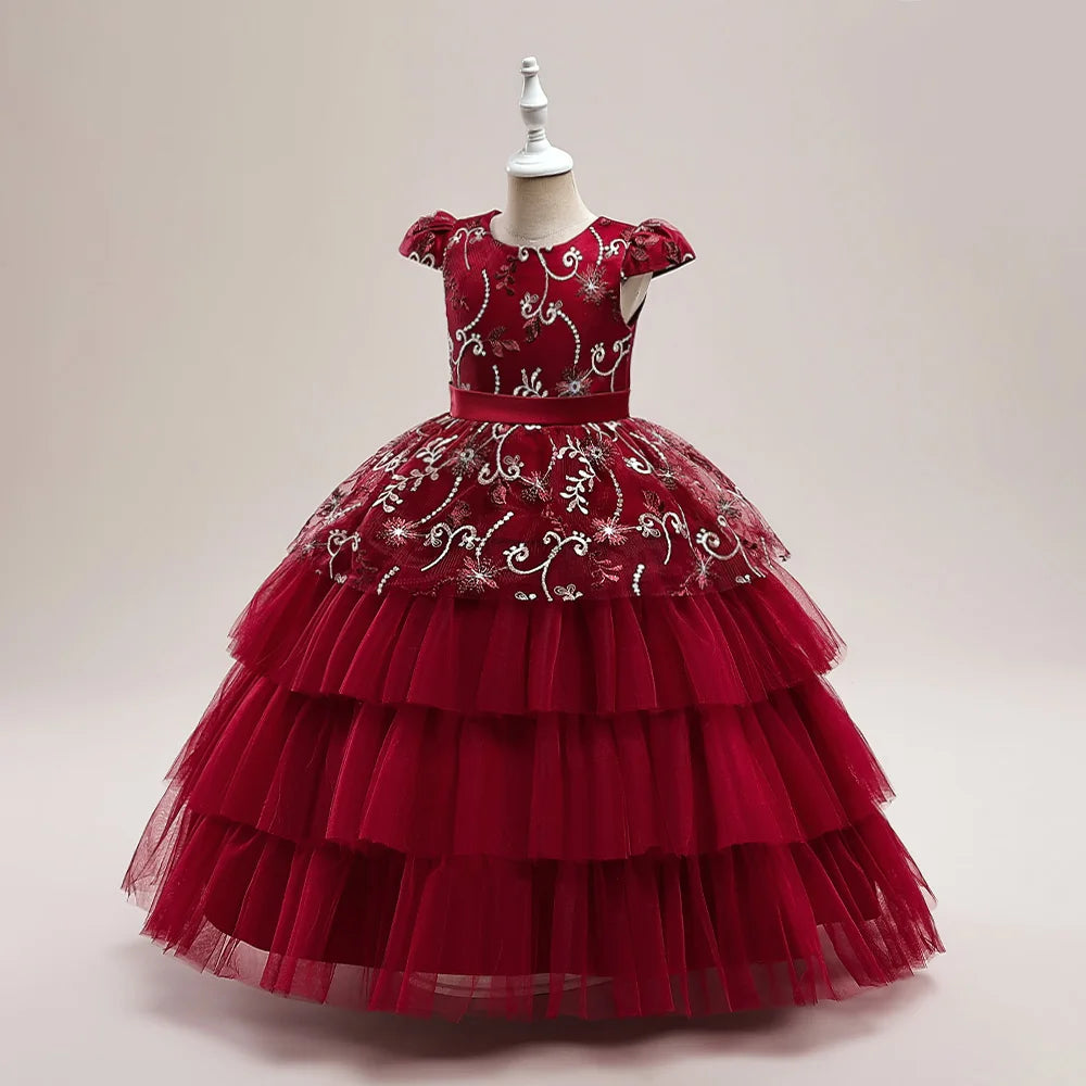 Embroidery Flower Bride maids Girls Party Dresses