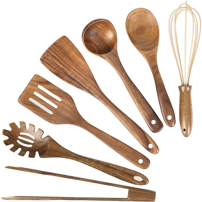 LMETJMA 10 Pack Natural Teak Wooden Kitchen Utensil Set Wooden Spoons Spatula Cooking Utensil Set For Cooking Baking JT503