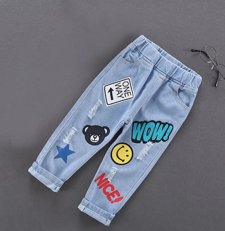stylish Cotton Print Splice Stretch Denim Pants