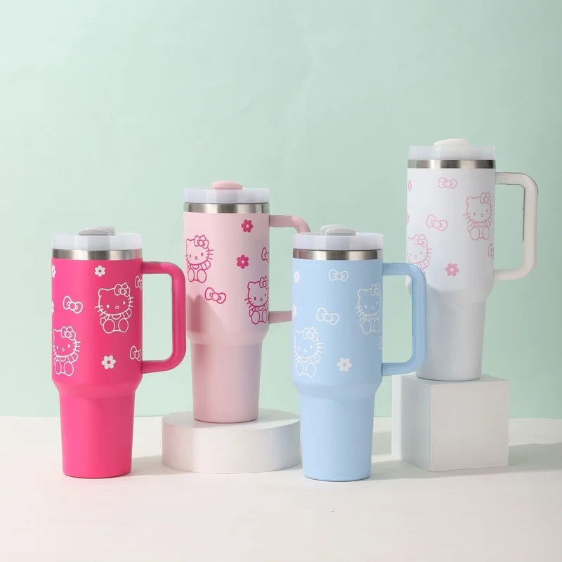 40oz Sanrio Hello Kitty Stainless Steel Insulated Mug With Handle Straw Mugs Large Capacity Thermos Drinks Coke Cups Coffee Mug