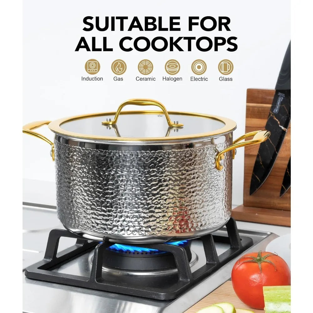 MICHELANGELO Hammered Stainless Steel Pot Set with Gold Handle Cookware Set, Premium Induction Kitchen Cookware, Oven Safe