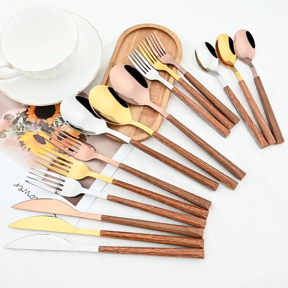 24Pcs Knife Fork Spoon Dinnerware Set High Quality Cutlery Set Stainless Steel Flatware Creative Imitation Wood Handle Tableware