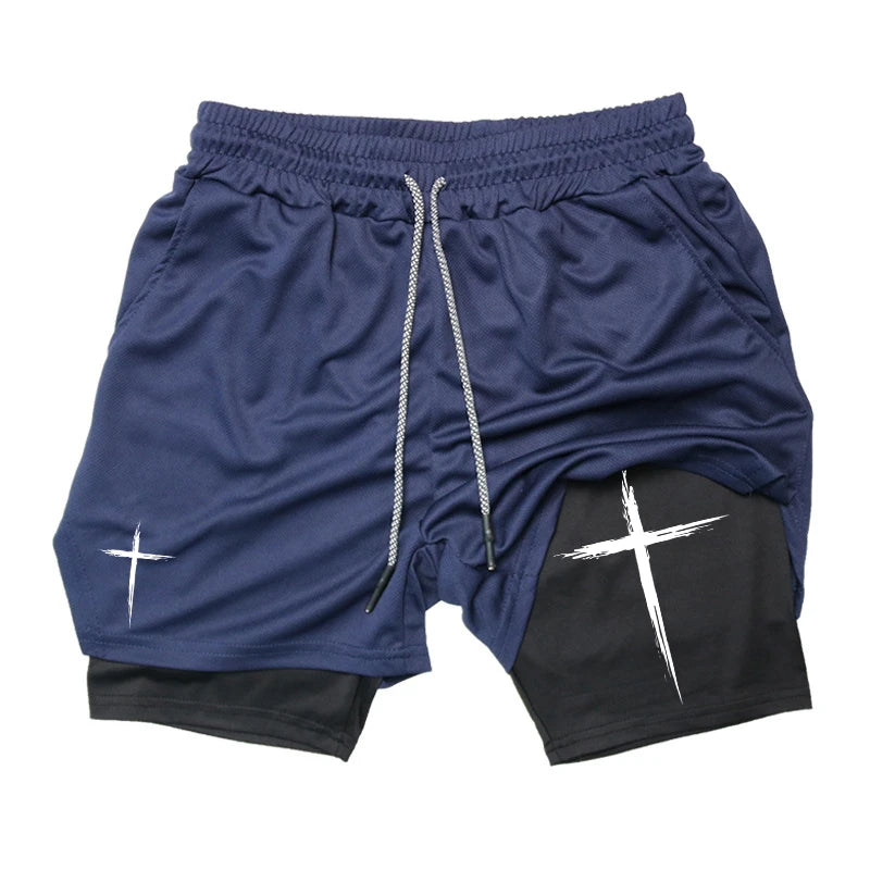 Men's Cross Print 2 in 1 Performance Shorts with Phone Pocket