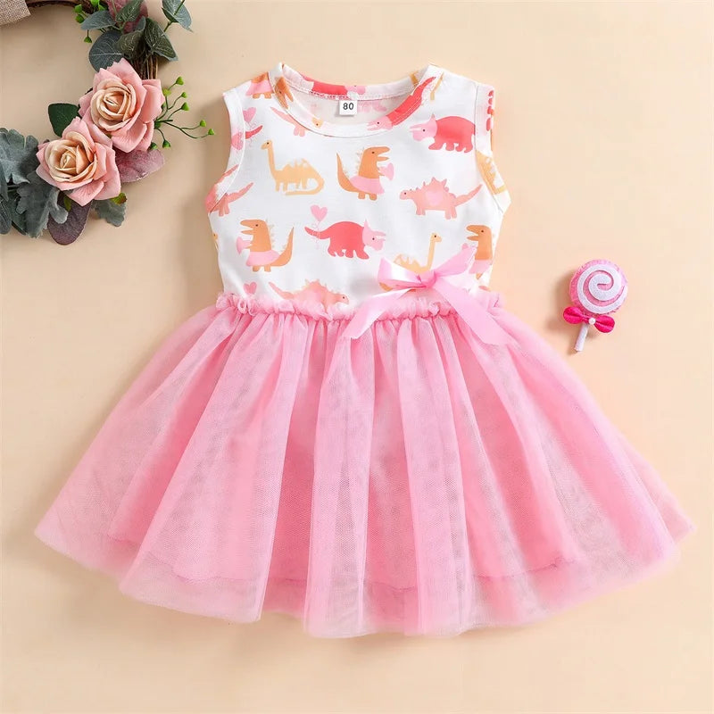 Casual Dinosaur Print Gauze Princess Dresses
