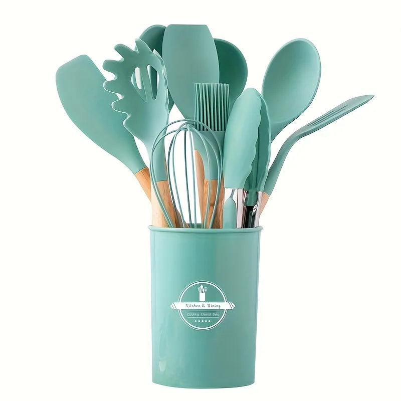 12Pcs Silicone Cooking Utensils Set For Handle Non Stick Pot Kitchenware Set Storage Bucket Resistant Accessoires kitchenware